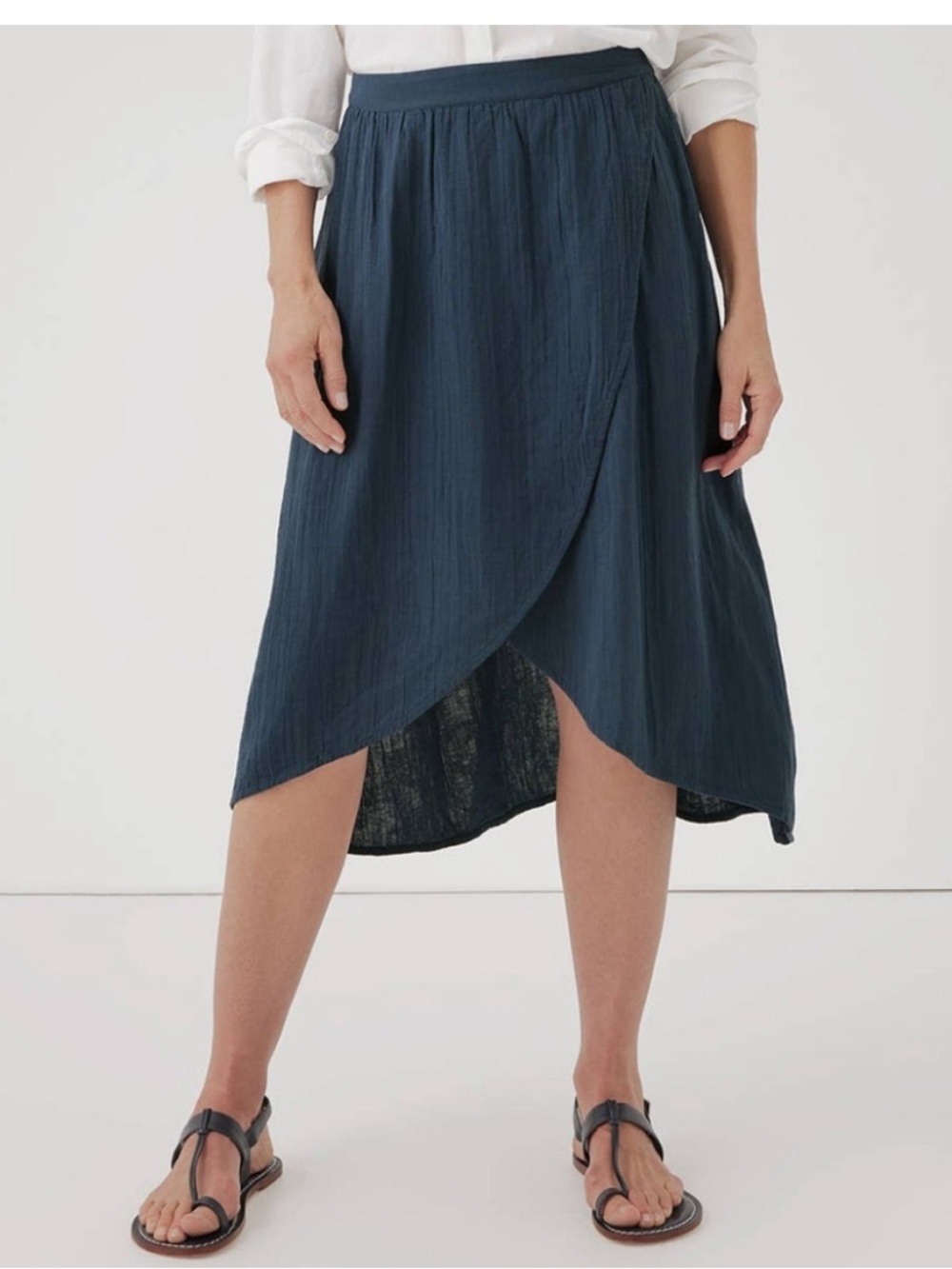 Pact Organic Cotton Gauze Tulip Faux Wrap Midi Skirt Navy Blue Size L Coastal
